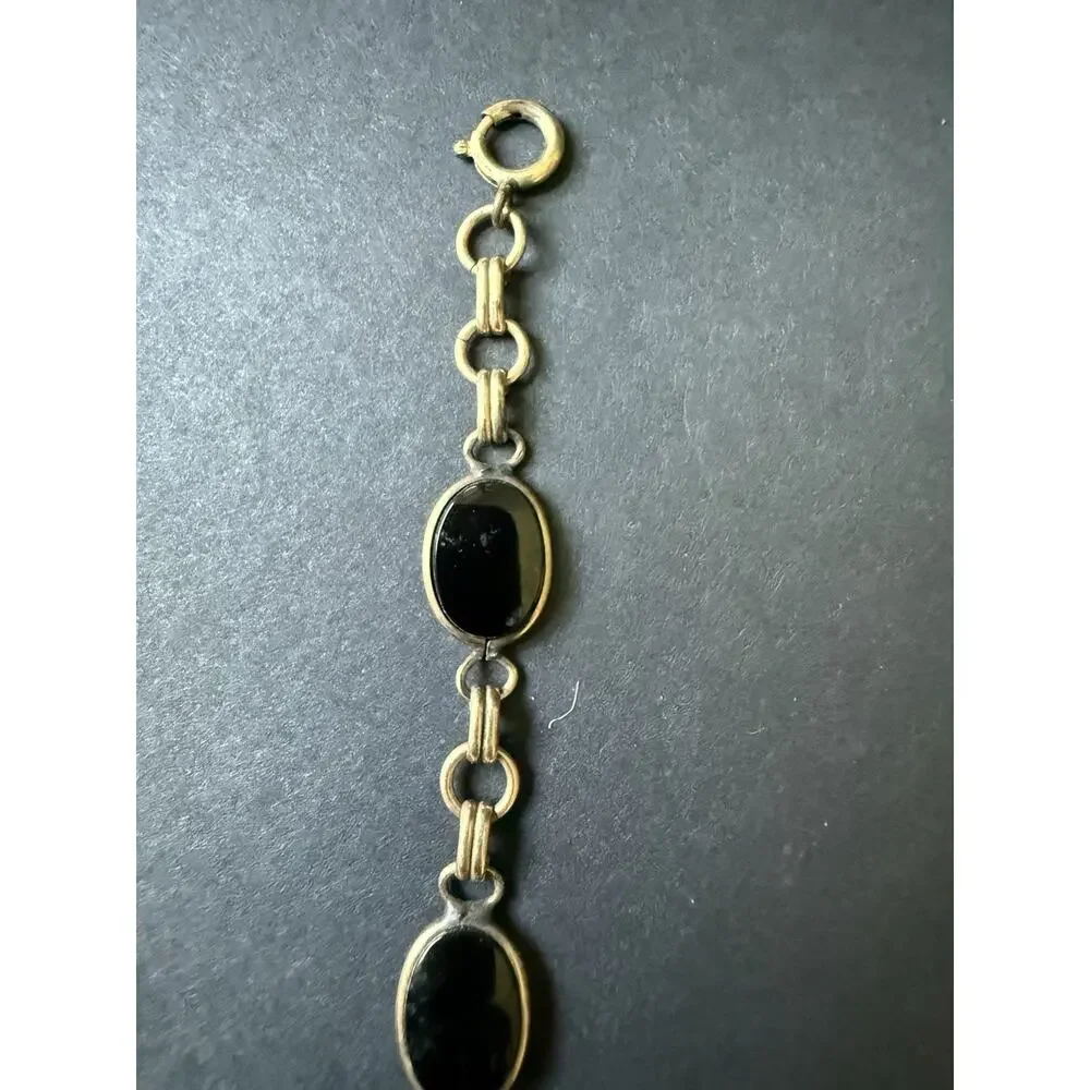 Vintage Sign 12k Gold Filled Russel Oval Black Onyx Stone Chain Link Bracelet 7”